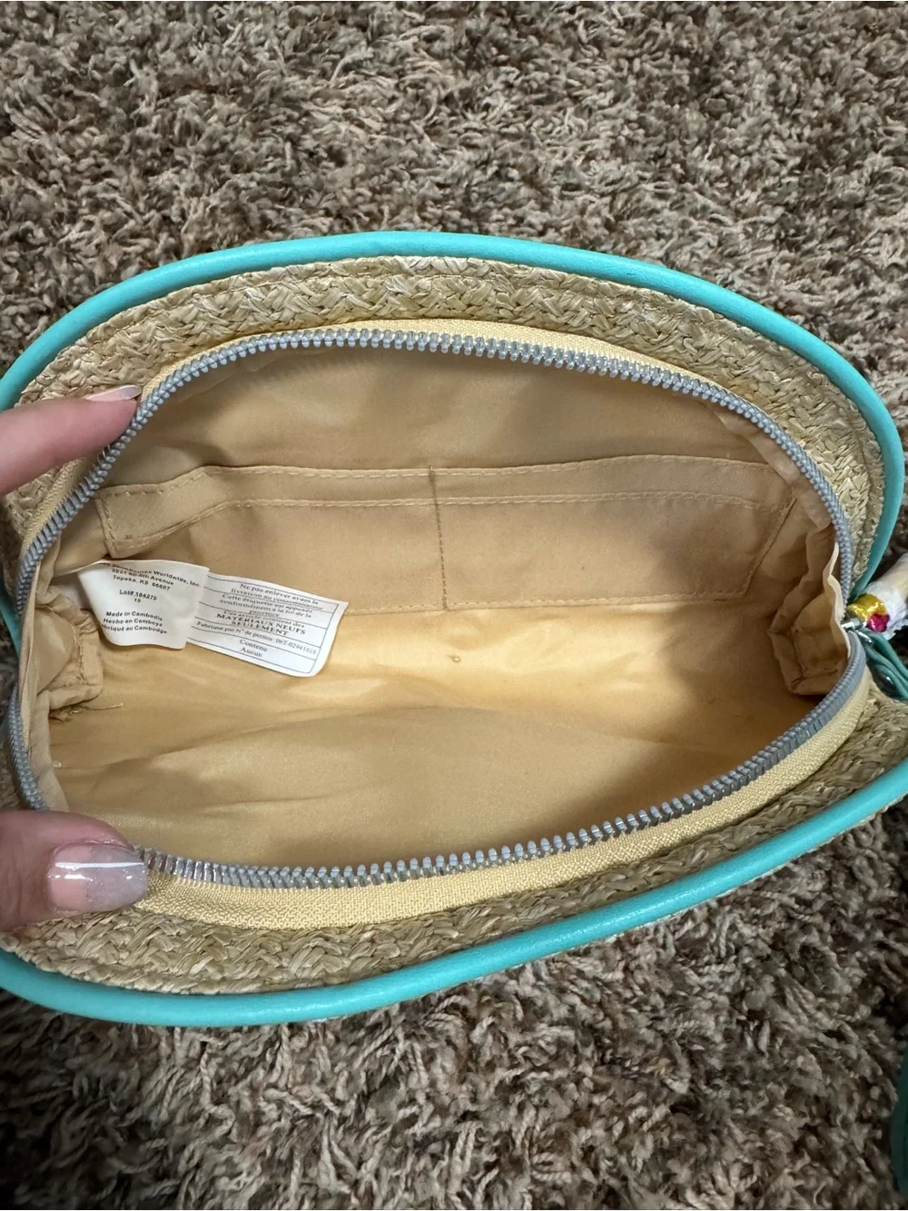 Sequin Straw 'Beach Please' Clutch/wristlet with Teal Trim and Pink Accent-NWT